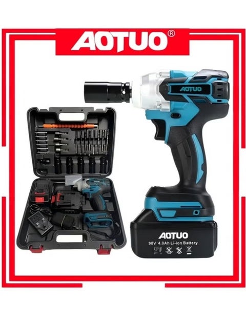 Upgraded Fast Charger Impact Wrench Set – The Key to Power! AOTUO Power Tools, 98V Brushless Lithium-Ion Impact Wrench, High Torque Performance, Equipped with Two 4.0Ah Batteries